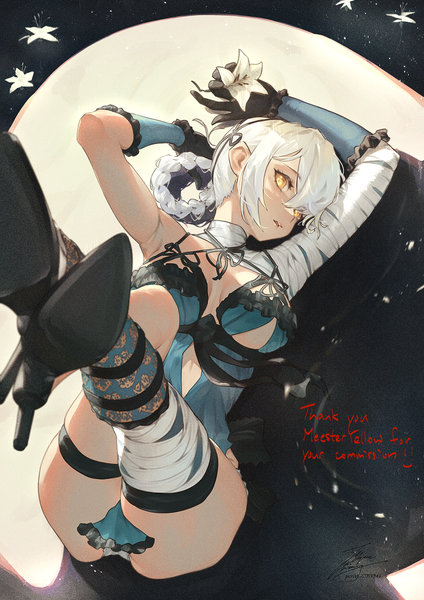 Anime picture 1061x1500 with nier kaine (nier) fadingz single tall image looking at viewer blush fringe short hair breasts open mouth light erotic hair between eyes large breasts holding signed yellow eyes silver hair full body lying