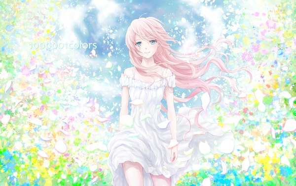 Anime picture 1600x1013 with vocaloid megurine luka nuwanko single long hair looking at viewer blue eyes smile bare shoulders pink hair wind inscription girl dress flower (flowers) petals