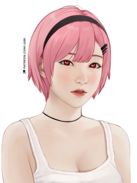 Anime picture 2700x3600 with original lika (jubi) jubi (regiana) single tall image looking at viewer fringe highres short hair light erotic simple background red eyes white background bare shoulders signed pink hair cleavage parted lips lipstick symbol-shaped pupils