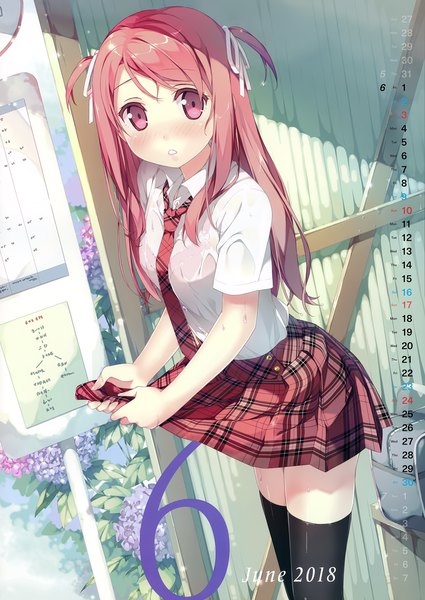 Anime picture 4942x6974 with original kurumi (kantoku) kantoku single long hair tall image looking at viewer blush fringe highres breasts standing purple eyes pink hair absurdres outdoors parted lips pleated skirt sunlight scan