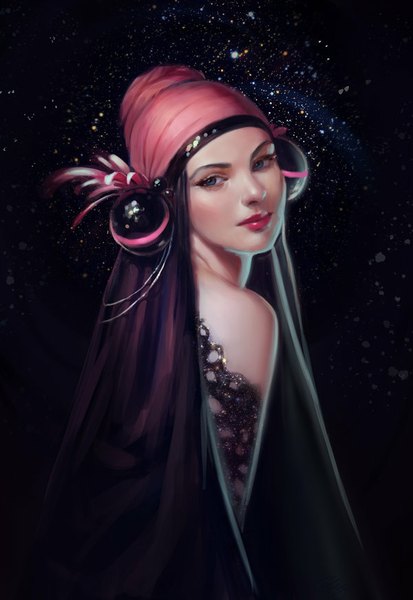 Anime picture 600x871 with original selenada single tall image looking at viewer blue eyes simple background bare shoulders head tilt looking back light smile lips realistic lipstick back black background pink lipstick girl headdress hairband