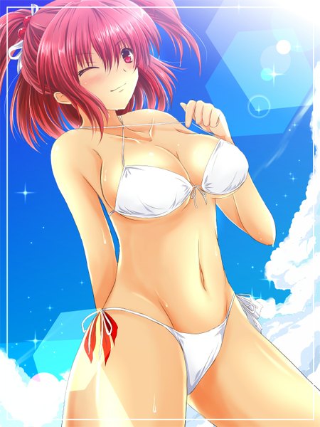 Anime picture 1200x1600 with touhou onozuka komachi nekominase single tall image looking at viewer short hair breasts light erotic smile red eyes large breasts bare shoulders sky cloud (clouds) red hair one eye closed wink sunlight bare belly