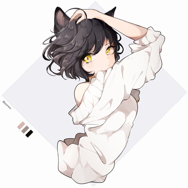 Anime picture 1141x1141 with original captain yue single looking at viewer short hair black hair signed animal ears yellow eyes upper body ahoge cat ears twitter username hand on head girl sweater