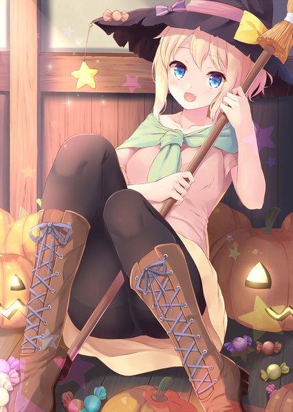 Anime picture 799x1125 with original komone ushio single tall image looking at viewer blush short hair open mouth blue eyes light erotic blonde hair sitting halloween lacing girl hat pantyhose food sweets black pantyhose