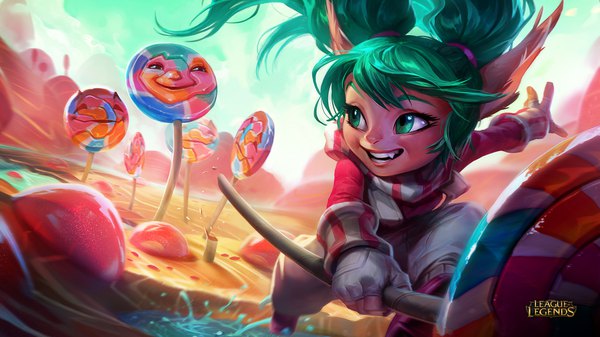 Anime picture 1920x1080 with league of legends poppy (league of legends) lollipoppy single long hair highres wide image twintails green eyes green hair pointy ears official art fang (fangs) depth of field alternate costume copyright name watermark girl food sweets