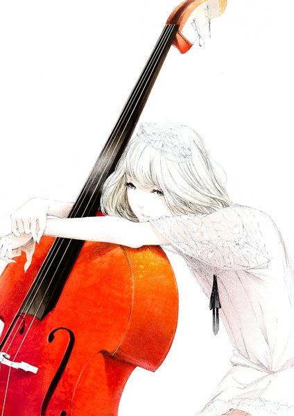 Anime picture 600x848 with original sousou (sousouworks) single long hair tall image looking at viewer fringe simple background blonde hair white background sitting pink eyes light smile hug pale skin white skin girl dress white dress double bass