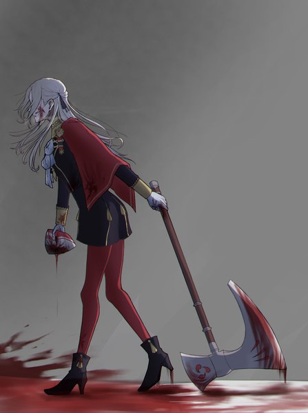 Anime picture 1341x1799 with fire emblem fire emblem: three houses nintendo edelgard von hresvelg fumirira single long hair tall image simple background holding full body white hair long sleeves grey background high heels walking blood on face bloody clothes bloody weapon girl