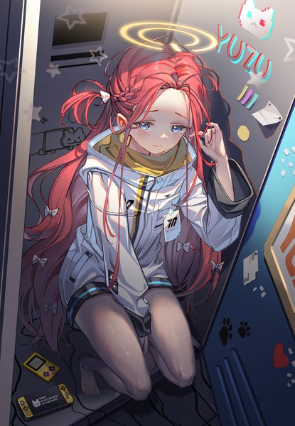 Anime picture 1560x2255 with blue archive yuzu (blue archive) nyan cat al guang single long hair tall image blue eyes light erotic full body red hair from above bare legs character names one side up anaglyph between thighs in container girl bow