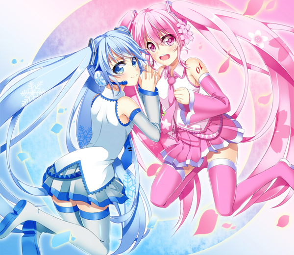 Anime picture 1038x900 with vocaloid hatsune miku yuki miku sakura miku yuki miku (2011) kazane kirito long hair looking at viewer blush open mouth blue eyes twintails bare shoulders multiple girls blue hair pink hair pink eyes girl thighhighs flower (flowers)