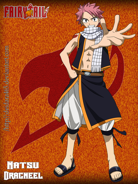 Anime picture 1932x2572 with fairy tail natsu dragneel deidara465 single tall image highres short hair simple background smile pink hair black eyes inscription tattoo muscle boy scarf