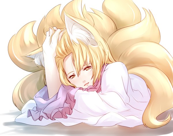 Anime picture 1400x1100 with touhou yakumo ran dearmybrothers short hair simple background blonde hair white background animal ears yellow eyes animal tail fox ears fox tail multiple tails girl