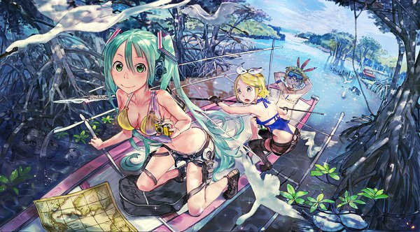 Anime picture 1920x1061 with vocaloid hatsune miku kagamine rin kagamine len el-zheng long hair looking at viewer fringe highres short hair breasts open mouth blue eyes light erotic blonde hair smile hair between eyes wide image sitting twintails