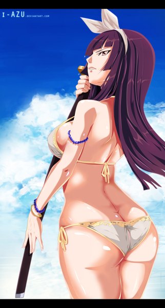 Anime picture 740x1380 with fairy tail mikazuchi kagura i-azu single long hair tall image light erotic yellow eyes sky purple hair cloud (clouds) ass looking back coloring letterboxed girl weapon swimsuit bikini sword