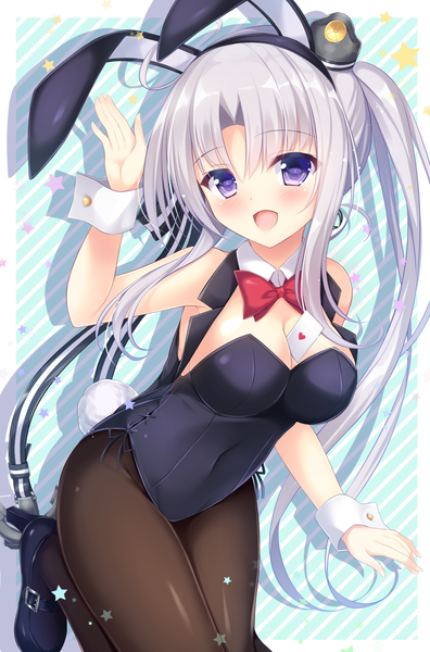 Anime picture 774x1172 with kantai collection akitsushima seaplane tender tomoo (tomo) single long hair tall image blush breasts open mouth light erotic purple eyes twintails animal ears silver hair bunny ears girl pantyhose bunnysuit letter