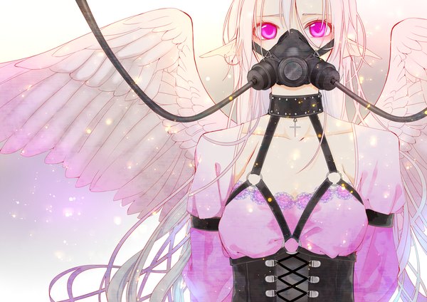 Anime picture 1500x1060 with original sennro single long hair looking at viewer fringe breasts pink hair pink eyes glowing glowing eye (eyes) glow girl wings choker cross corset cross necklace respirator