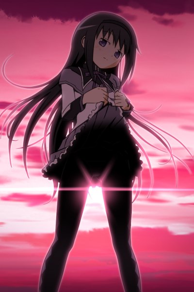 Anime picture 800x1200 with mahou shoujo madoka magica shaft (studio) akemi homura sat-c single long hair tall image looking at viewer fringe light erotic black hair standing purple eyes payot sky cloud (clouds) outdoors long sleeves head tilt pleated skirt