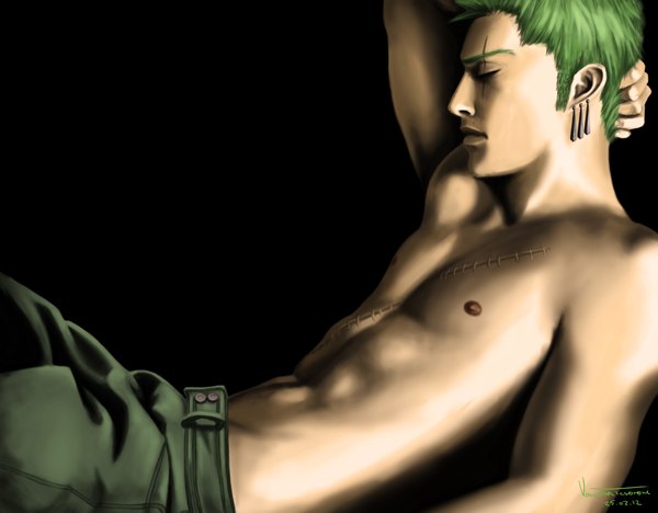 Anime picture 4494x3508 with one piece toei animation roronoa zoro tesorone single highres short hair light erotic simple background signed absurdres eyes closed profile green hair black background scar topless muscle boy earrings