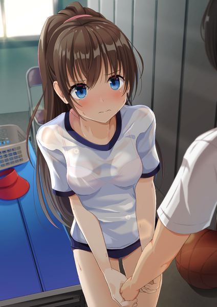 Anime picture 868x1228 with original aibumi long hair tall image looking at viewer blush fringe breasts blue eyes light erotic hair between eyes brown hair standing payot ponytail indoors sunlight short sleeves thighs solo focus