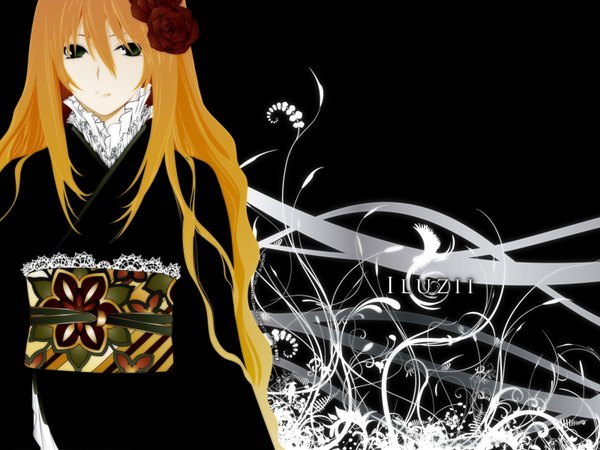Anime picture 1600x1200 with sekirei tsukiumi green eyes japanese clothes orange hair black background girl flower (flowers) rose (roses) red rose