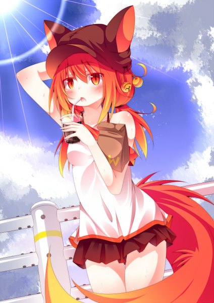 Anime picture 1000x1414 with original daidai ookami single long hair tall image blush open mouth red eyes bare shoulders animal ears sky cloud (clouds) red hair tail animal tail girl dress sundress drink flat cap