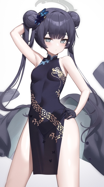 Anime picture 2233x4000 with blue archive kisaki (blue archive) samart normal single long hair tall image blush highres light erotic black hair simple background white background twintails traditional clothes grey eyes hair bun (hair buns) hand on hip chinese clothes side slit girl