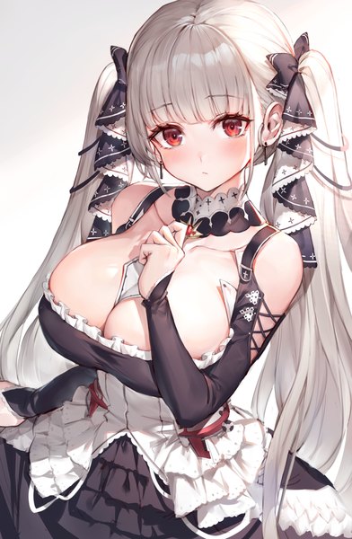 Anime picture 2550x3900 with azur lane formidable (azur lane) watao single long hair tall image looking at viewer blush fringe highres breasts light erotic simple background red eyes large breasts standing twintails bare shoulders payot cleavage