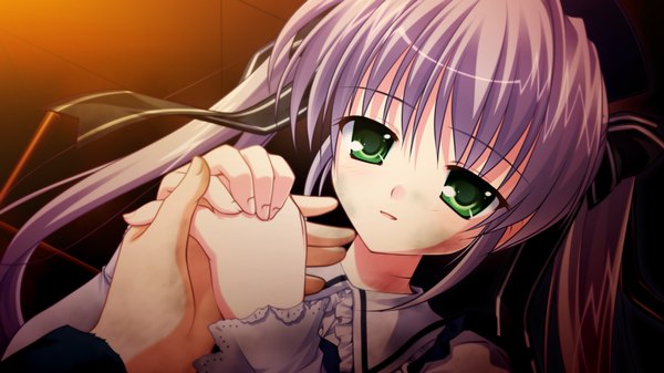 Anime picture 1280x720 with root double long hair wide image twintails green eyes game cg grey hair girl dress ribbon (ribbons) hair ribbon