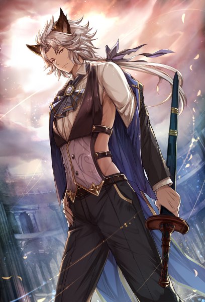 Anime picture 816x1200 with granblue fantasy seruel (granblue fantasy) tenyo0819 single long hair tall image looking at viewer fringe red eyes standing holding brown eyes signed animal ears sky silver hair braid (braids) long sleeves grey hair sunlight