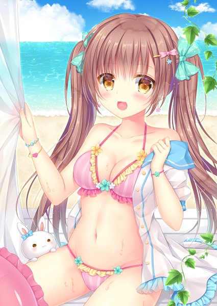 Anime picture 1200x1694 with original kohinata hoshimi single long hair tall image looking at viewer blush fringe breasts open mouth light erotic smile brown hair twintails bare shoulders holding yellow eyes sky cloud (clouds) outdoors