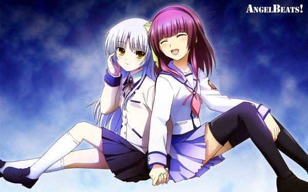 Anime picture 1920x1200 with angel beats! key (studio) tachibana kanade nakamura yuri long hair blush fringe highres short hair open mouth simple background smile wide image sitting multiple girls yellow eyes silver hair eyes closed inscription holding hands