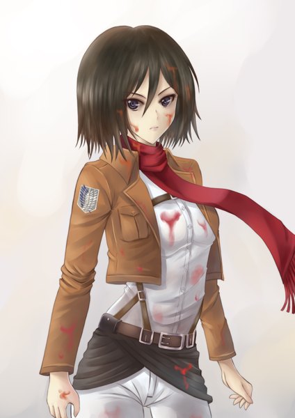Anime picture 2480x3507 with shingeki no kyojin production i.g mikasa ackerman sawwei005 single long hair tall image looking at viewer highres black hair simple background black eyes girl jacket scarf blood red scarf