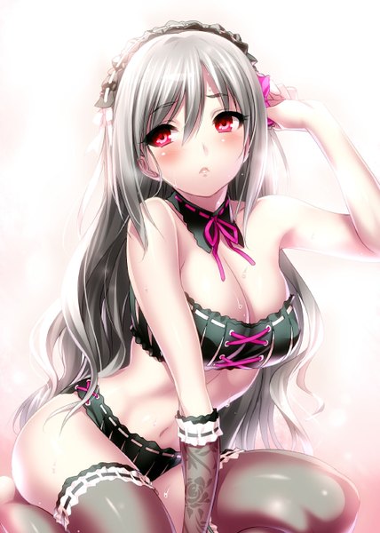 Anime picture 1000x1402 with idolmaster idolmaster cinderella girls kanzaki ranko zen (kamuro) single tall image blush fringe breasts open mouth light erotic simple background hair between eyes red eyes large breasts white background sitting looking away silver hair very long hair