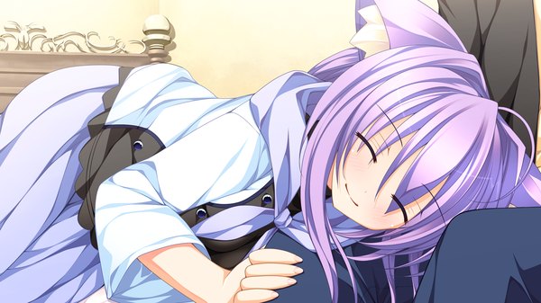 Anime picture 1280x720 with endless dungeon opera house kannon ouji long hair blush smile wide image animal ears game cg purple hair eyes closed cat ears girl dress