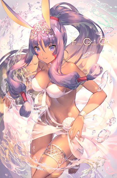 Anime picture 526x800 with fate (series) fate/grand order nitocris (fate) nitocris (swimsuit assassin) (fate) yoshimoto (dear life) single tall image breasts light erotic smile purple eyes animal ears purple hair ponytail very long hair copyright name dark skin girl hair ornament swimsuit