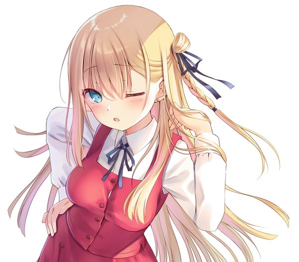 Anime picture 1280x1121 with original na-ga single long hair looking at viewer fringe breasts open mouth simple background blonde hair hair between eyes large breasts white background payot braid (braids) long sleeves one eye closed aqua eyes leaning leaning forward