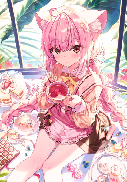 Anime picture 1396x2000 with original shnva single long hair tall image looking at viewer blush fringe open mouth hair between eyes sitting holding brown eyes animal ears payot pink hair ahoge indoors tail braid (braids)