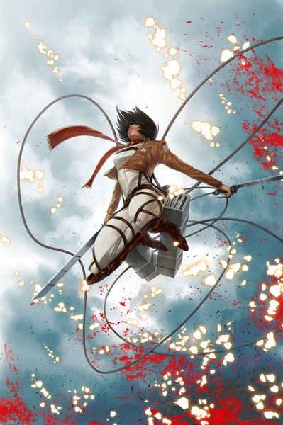 Anime picture 1097x1650 with shingeki no kyojin production i.g mikasa ackerman reau single tall image short hair black hair holding sky from below jumping dual wielding girl uniform weapon sword belt scarf thigh strap