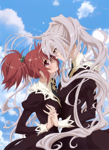 Anime picture 3534x4842 with strawberry panic madhouse aoi nagisa hanazono shizuma long hair tall image blush highres short hair red eyes multiple girls yellow eyes absurdres cloud (clouds) white hair red hair shoujo ai almost kiss girl uniform