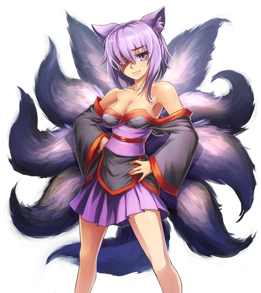 Anime picture 1322x1485 with monster girl encyclopedia original maritan (artist) single tall image looking at viewer short hair breasts blue eyes simple background standing white background bare shoulders animal ears cleavage purple hair tail traditional clothes japanese clothes animal tail