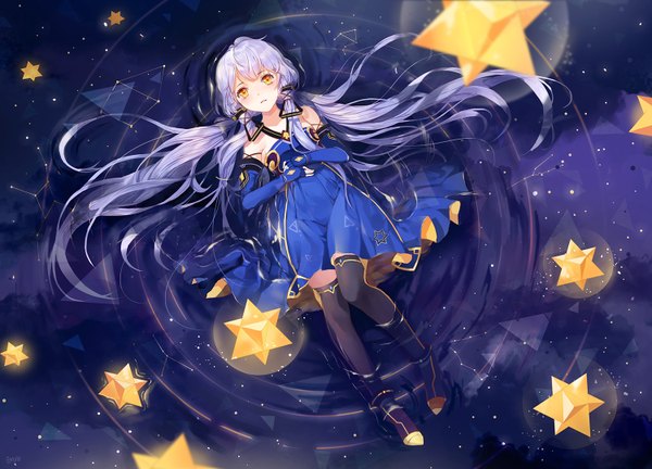 Anime picture 1500x1082 with vocaloid xingchen emyo single looking at viewer blush fringe bare shoulders yellow eyes purple hair full body bent knee (knees) lying very long hair parted lips from above on back tress ribbon ripples afloat