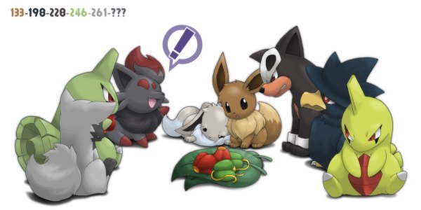 Anime picture 1200x600 with pokemon nintendo eevee zorua poochyena murkrow houndour larvitar ditb simple background wide image white background group gen 1 pokemon gen 2 pokemon gen 3 pokemon gen 5 pokemon pokemon number shiny pokemon animal