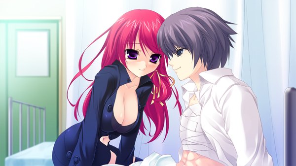 Anime picture 1280x720 with strawberry feels long hair short hair breasts light erotic black hair wide image large breasts purple eyes game cg red hair black eyes girl boy suit