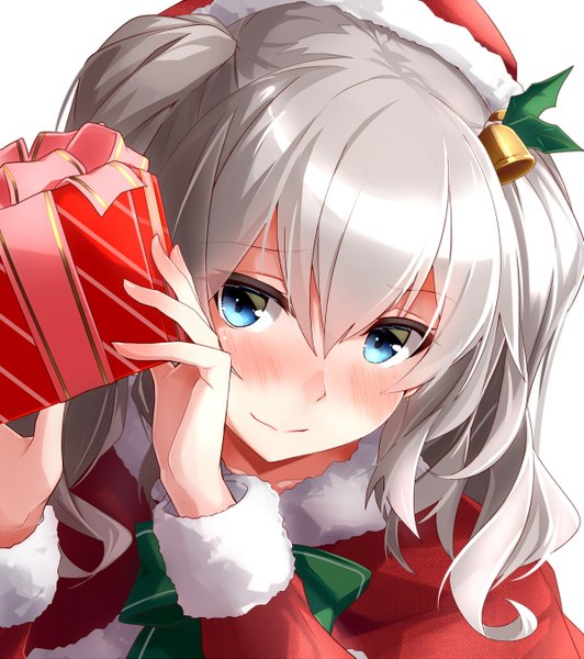 Anime picture 1200x1353 with kantai collection kashima training cruiser takanashi kei (hitsujikan) single long hair tall image looking at viewer blush fringe blue eyes simple background hair between eyes white background silver hair light smile fur trim christmas hair bell girl hat