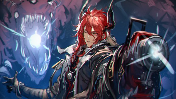 Anime picture 1399x789 with arknights sesa (arknights) ryuuzaki ichi single long hair looking at viewer fringe hair between eyes red eyes wide image upper body red hair one eye closed horn (horns) boy weapon