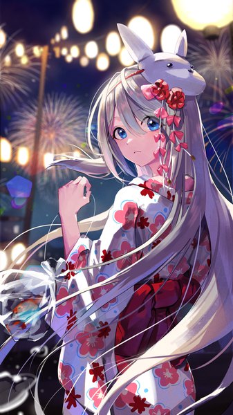 Anime picture 2700x4800 with akashic chronicle anna (akashic chronicle) yanz (yanz z) single long hair tall image looking at viewer fringe highres blue eyes hair between eyes standing holding silver hair outdoors traditional clothes japanese clothes looking back hair flower from behind