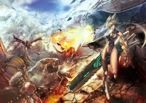 Anime picture 1412x1000 with original teddy (khanshin) long hair breasts blonde hair multiple girls yellow eyes looking away sky magic battle monster girl demon girl weapon 2 girls sword armor gun bodysuit