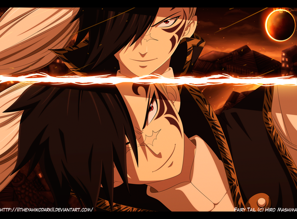 Anime picture 1600x1183 with fairy tail rogue cheney iitheyahikodarkii long hair fringe black hair smile red eyes hair over one eye tattoo coloring facial mark letterboxed scar close-up manga boy