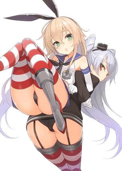 Anime picture 572x800 with kantai collection shimakaze destroyer amatsukaze destroyer minono aki long hair tall image looking at viewer fringe open mouth light erotic blonde hair brown hair multiple girls brown eyes green eyes silver hair ass very long hair looking back hair over one eye