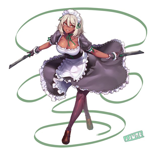 Anime picture 981x982 with original jjune single tall image looking at viewer short hair smile white background brown eyes cleavage white hair maid dark skin girl dress gloves uniform weapon black gloves headdress