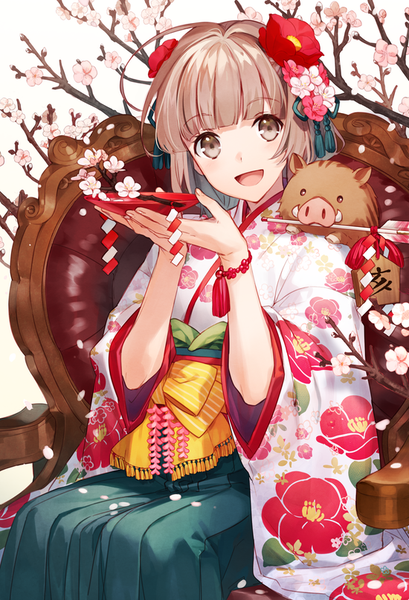 Anime picture 550x806 with original asahikawa hiyori single tall image fringe short hair open mouth brown hair sitting brown eyes blunt bangs traditional clothes :d japanese clothes floral print new year animal on shoulder plum blossoms girl hair ornament
